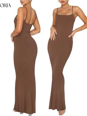 Brown Ribbed Maxi Slip Dress